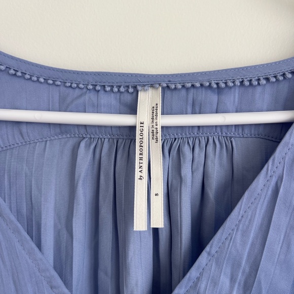Anthropologie Ruched Blue Blouse Size S Button Front Smocked Waist Top - Picture 4 of 6